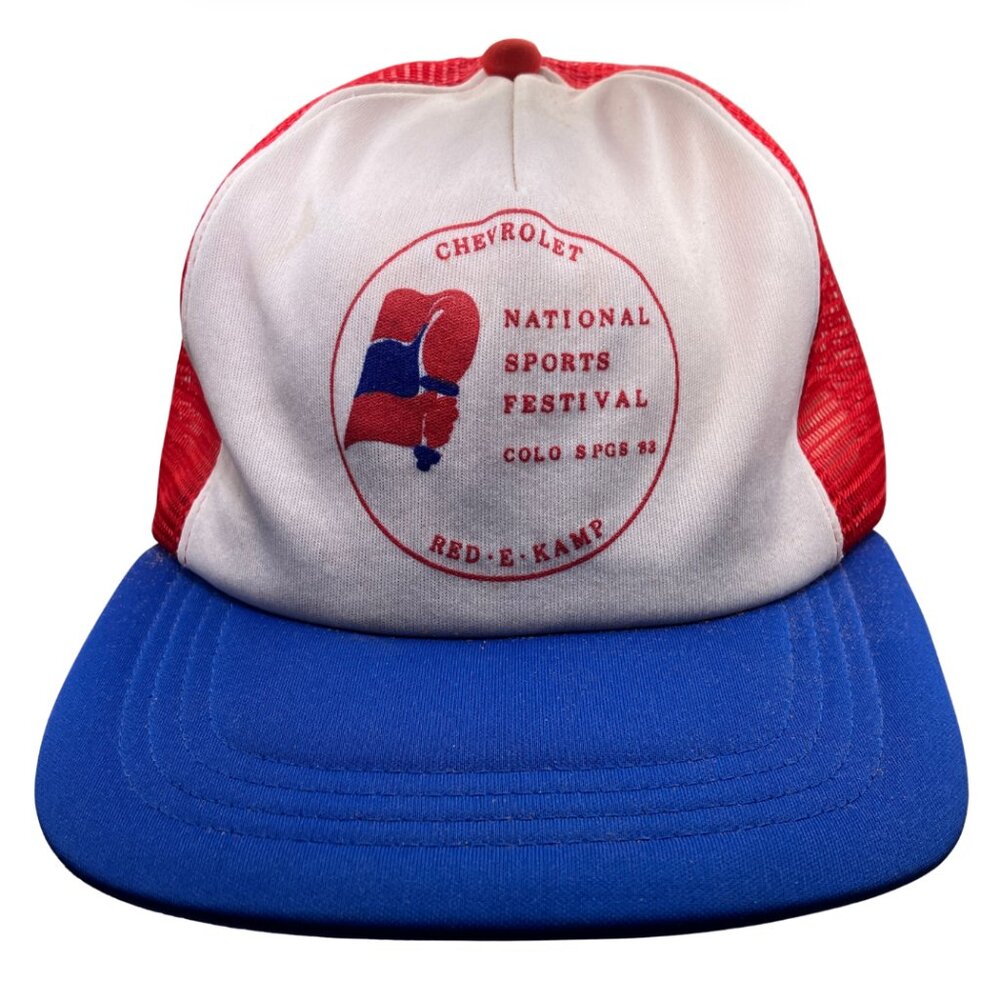 VTG 1983 Chevrolet National Sports Festival Hat – Red White Blue Trucker Cap